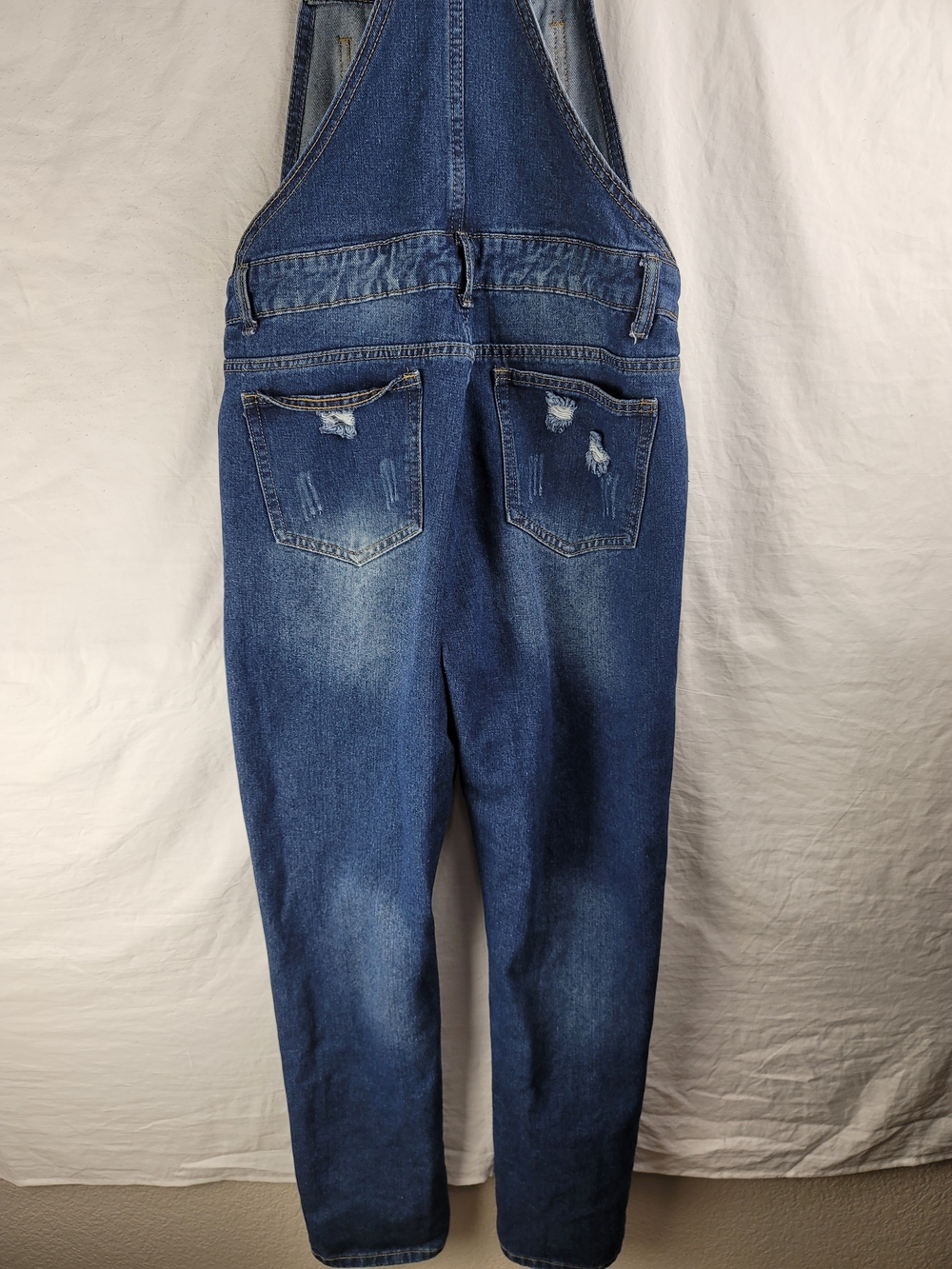 Dark Blue Distressed Women's Denim Overalls with Adjustable Straps - Picture 6 of 9